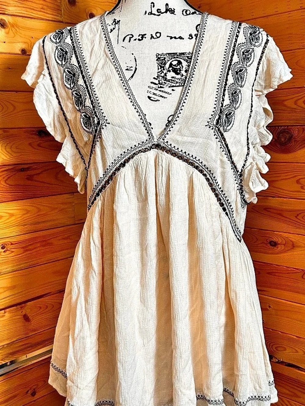 Free People Embroidered Mini Dress in Cream & Black Size Medium